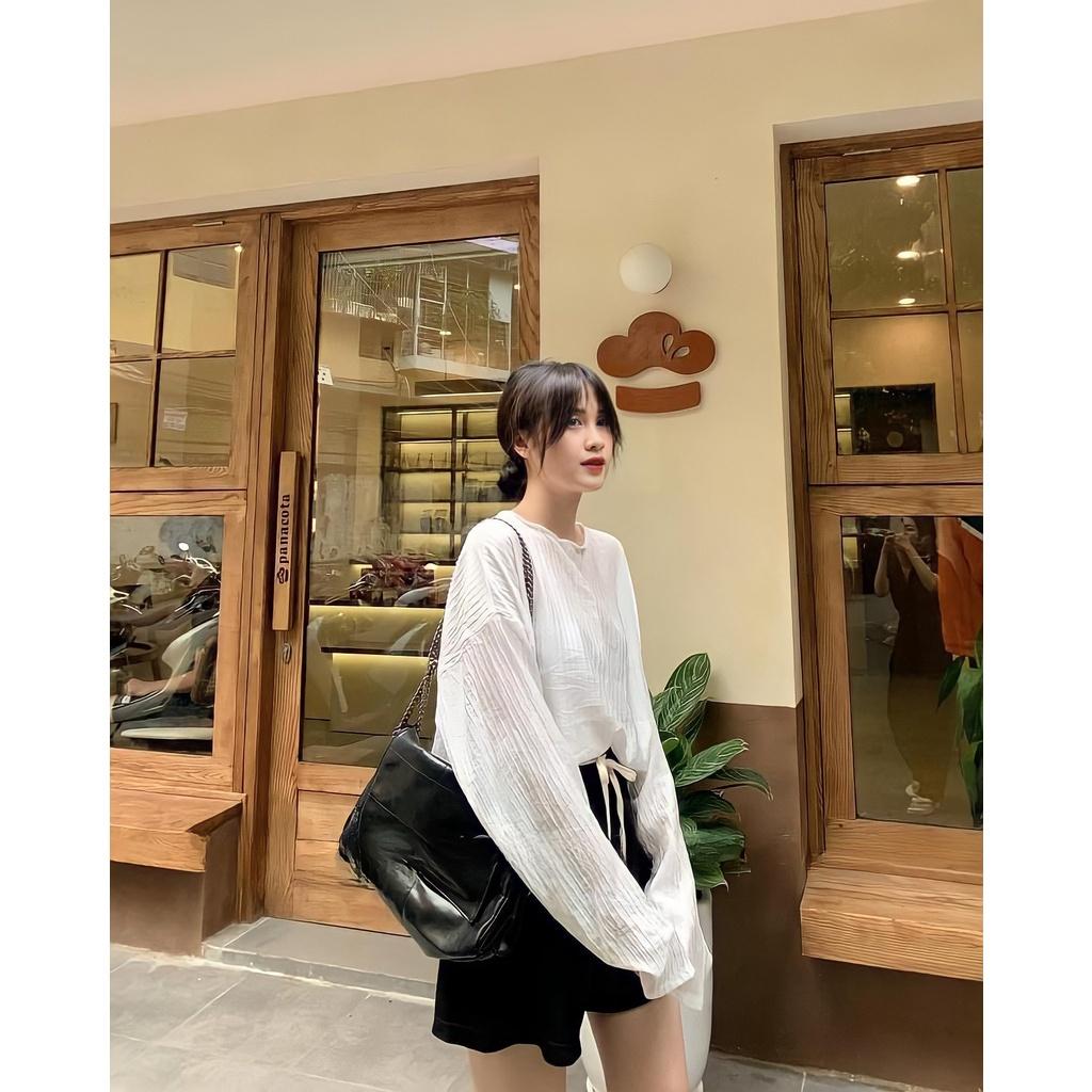 Áo Thun Gân Nữ Cổ Tròn Dáng Suông Dài Tay