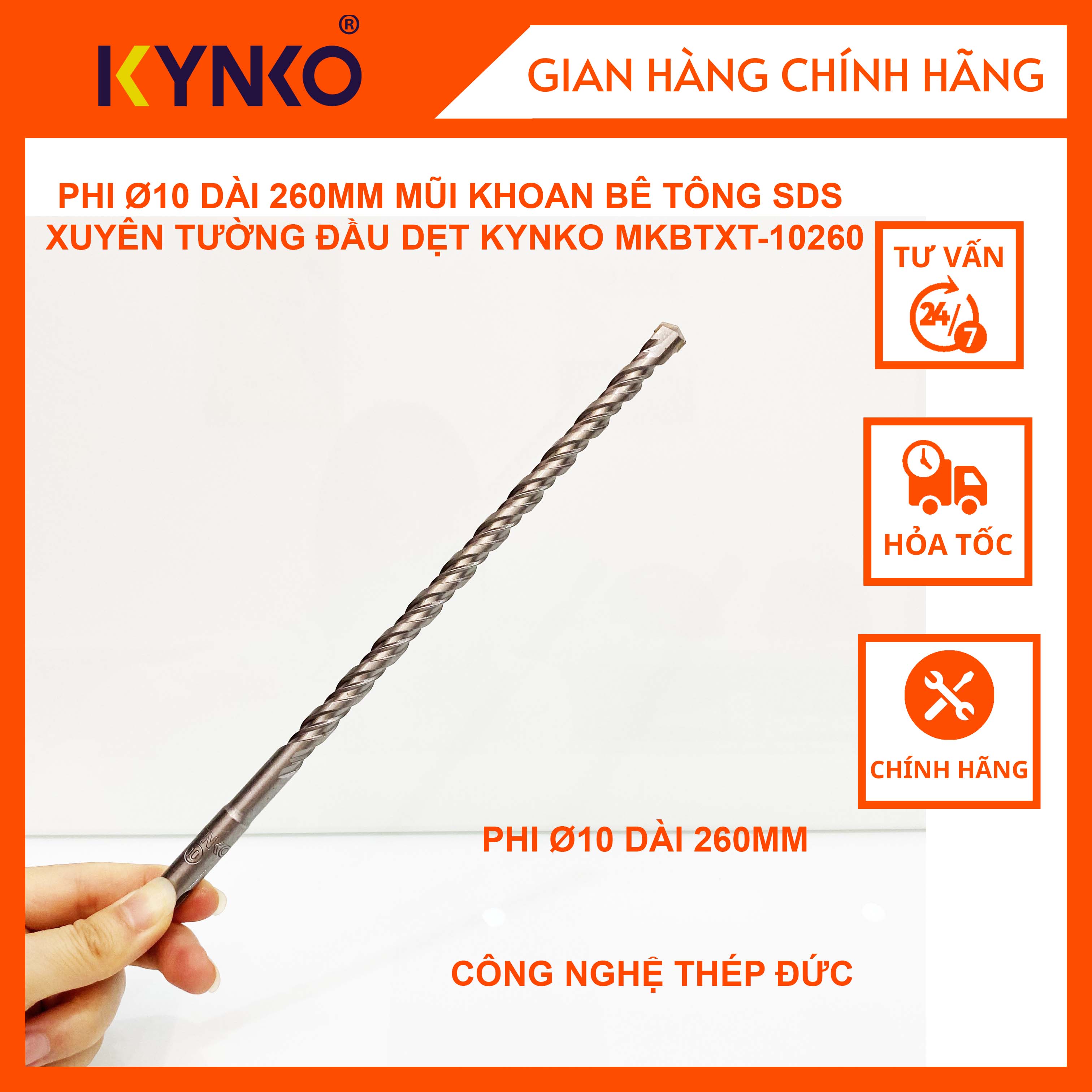 PHI Ø10 DÀI 260MM MŨI KHOAN BÊ TÔNG SDS XUYÊN TƯỜNG ĐẦU DẸT KYNKO MKBTXT-10260