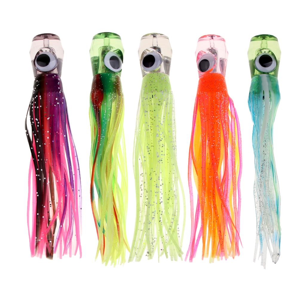 5pcs 3D Eye Jet Head Trolling Skirt Lure Soft Octopus Squid Bait Offshore