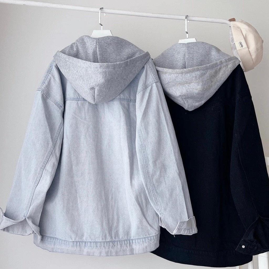 Áo khoác unisex thêu túi NB, chất kaki jean có mũ nam nữ mang được 2 màu cơ bản