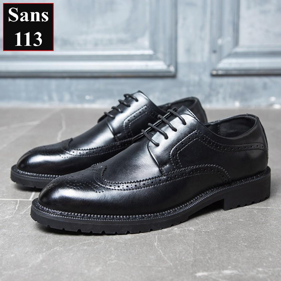 Giày oxford nam da bò thật cao cấp Sans113 giầy tây công sở đen mũi tròn âu buộc dây chú rể cưới brogue derby wingtip