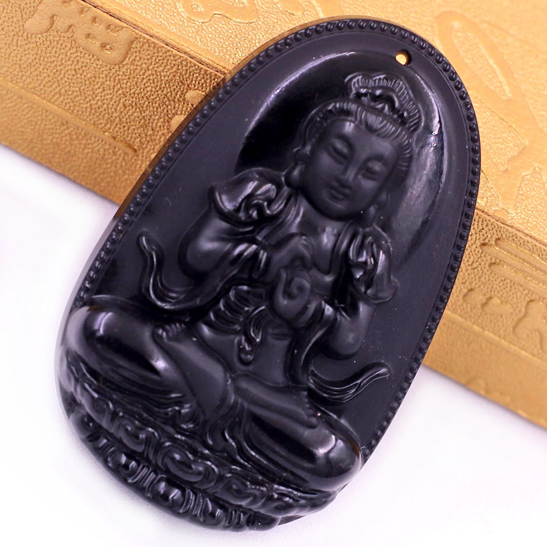 Mặt Phật Đại nhật như lai đá thạch anh đen 3.6 cm kèm móc và dây chuyền inox, Mặt Phật bản mệnh