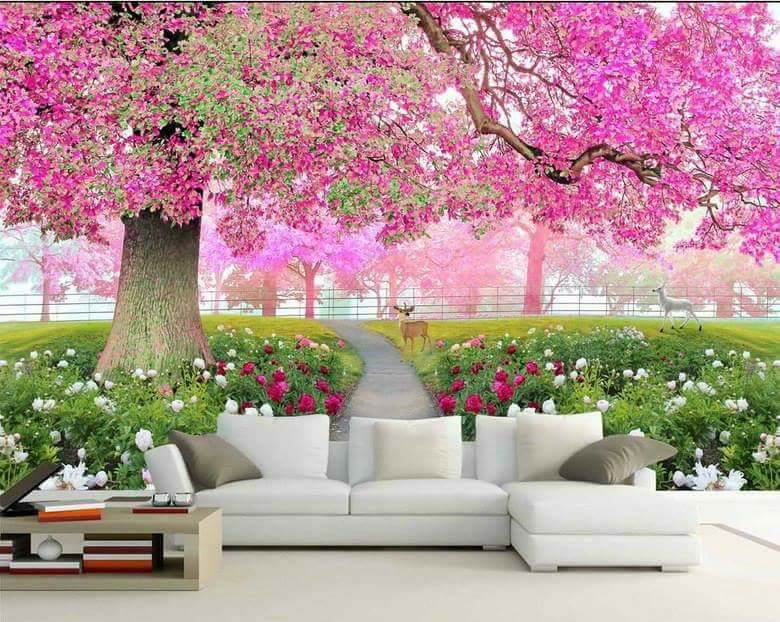 Tranh dán tuong 3d tranh trang trí cây đào hồng có sẵn keo dễ dán