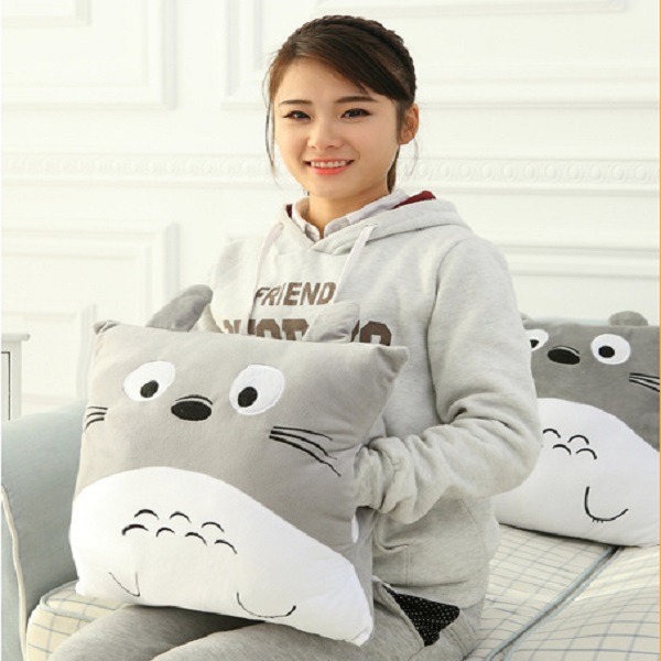 Combo Mền Gối Ngủ Văn Phòng Tiện Lợi Totoro Vuông Màu Xám Siêu Mịn 1.1x1.7m