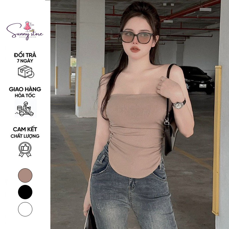 Áo ống cúp ngực có mút, nhún sườn trơn