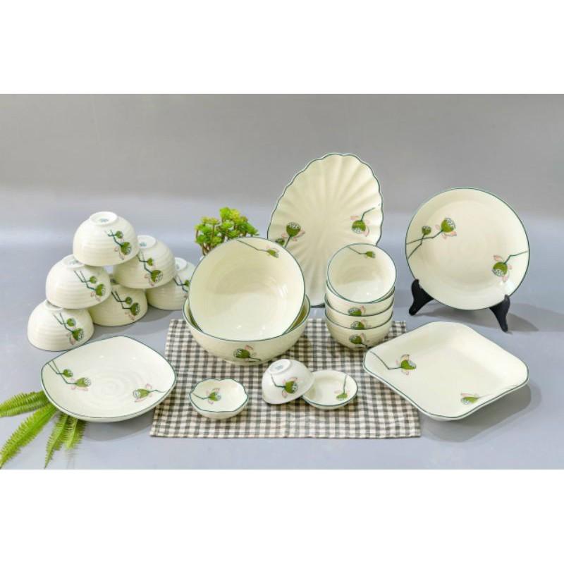 Bộ đồ ăn vẽ Sen  men kem  19 món