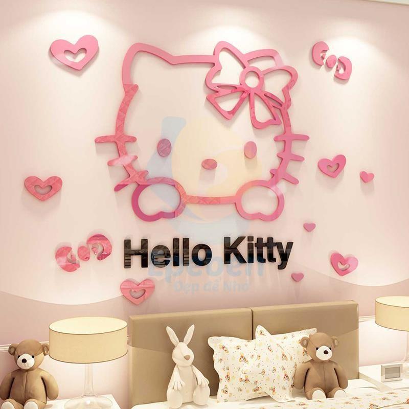 Tranh dán tường mica 3d decor khổ lớn hello kitty và khung ảnh trang trí mầm non, mẫu giáo, phòng cho bé