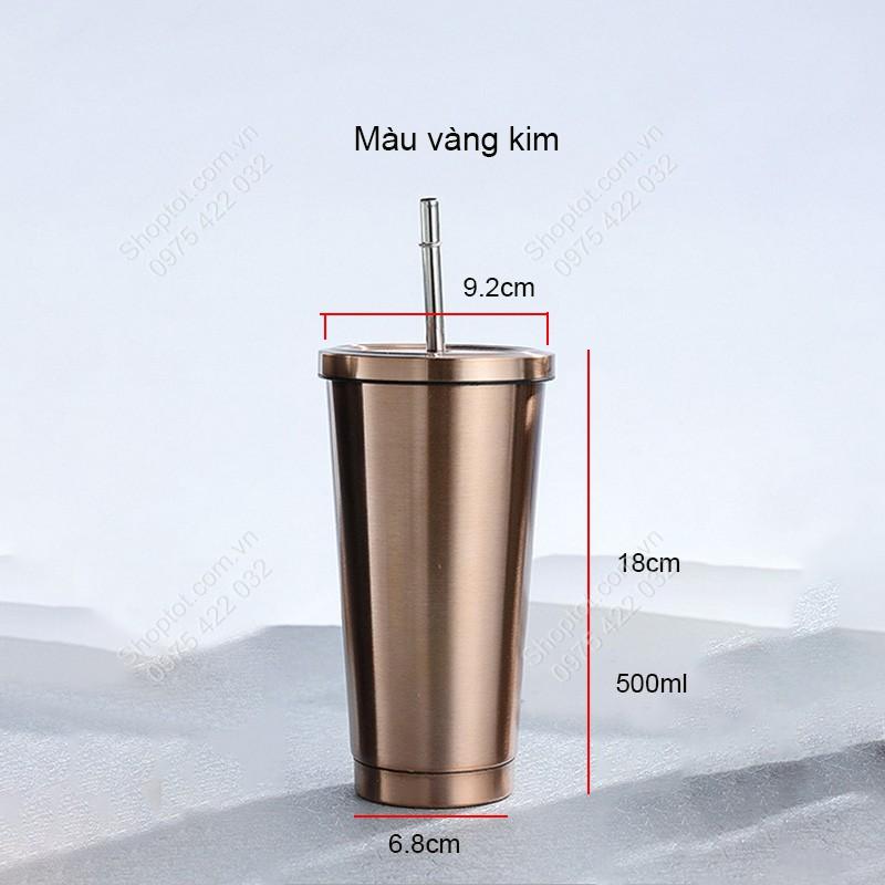 CỐC 2 LỚP INOX 304 CR500, CHỐNG NÓNG, CÓ NẮP VÀ ỐNG HÚT, CỠ LỚN 500ML, DÙNG ĐƯỢC TRÊN XE HƠI