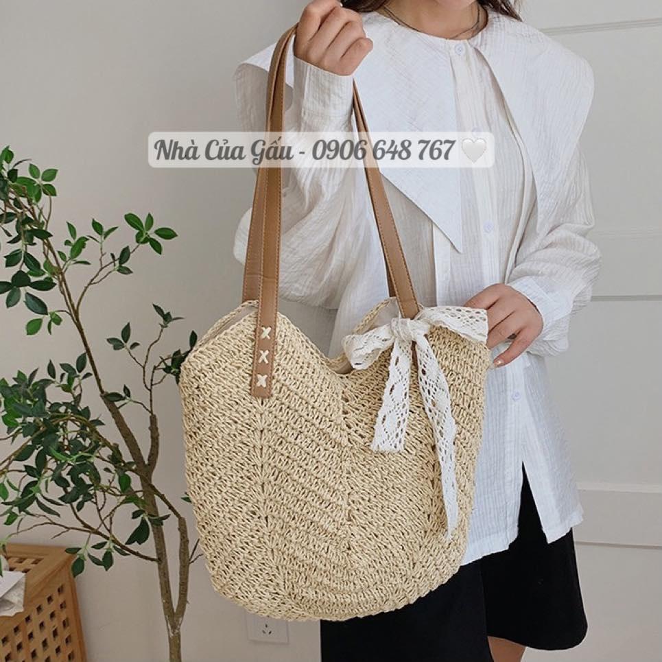 Túi cói tròn dây da form to mix nơ ren phải nói xinh xỉu luôn í