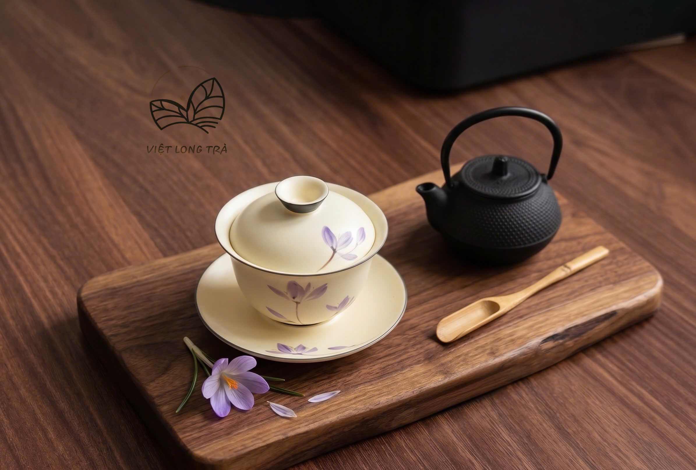 CHÉN KHẢI PHA TRÀ GỐM SỨ HOA PHONG LAN TÍM VẼ TAY - DUNG TÍCH 110M