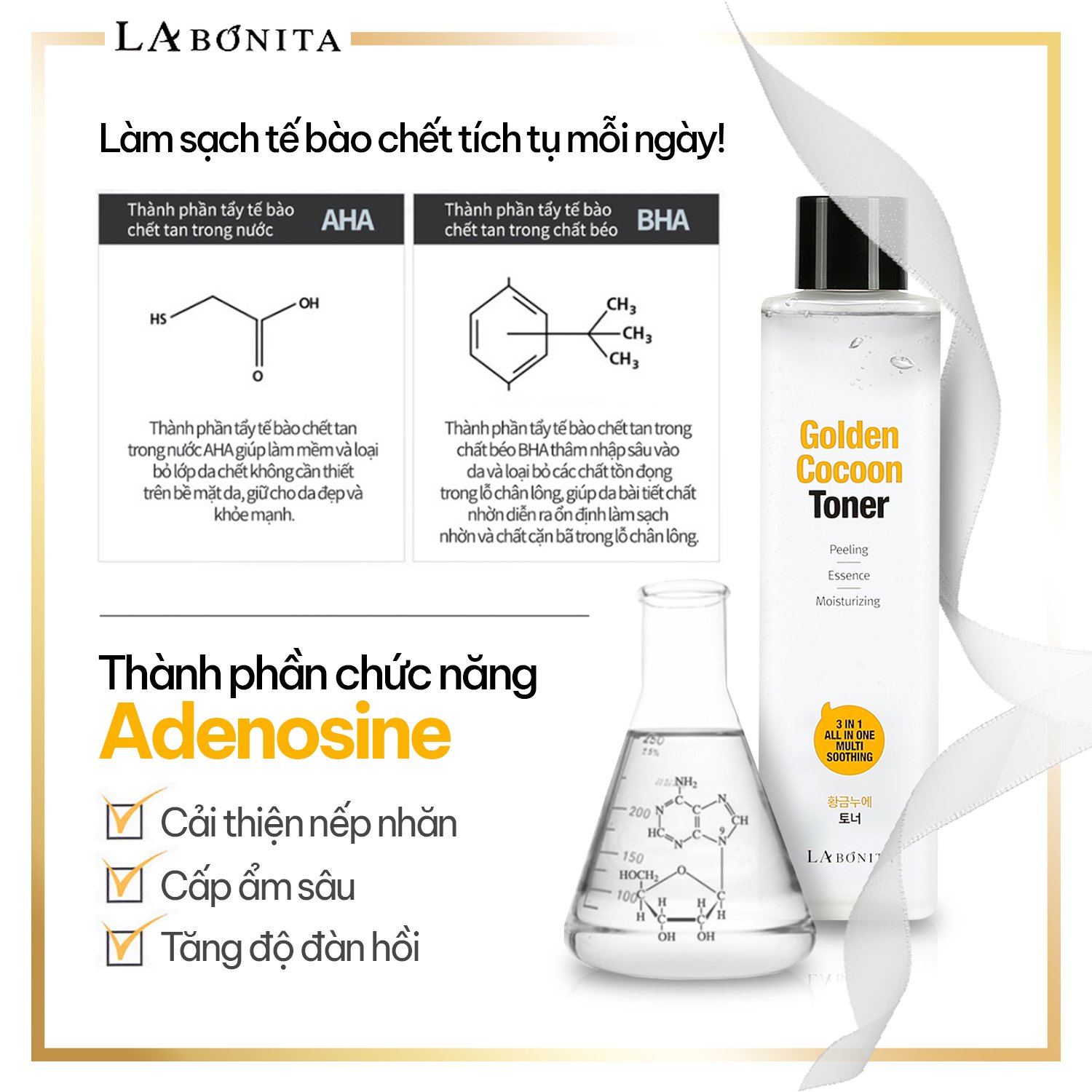 Nước hoa hồng làm sạch, cân bằng, dưỡng ẩm da - La Bonita Golden Cocoon Toner 340ml