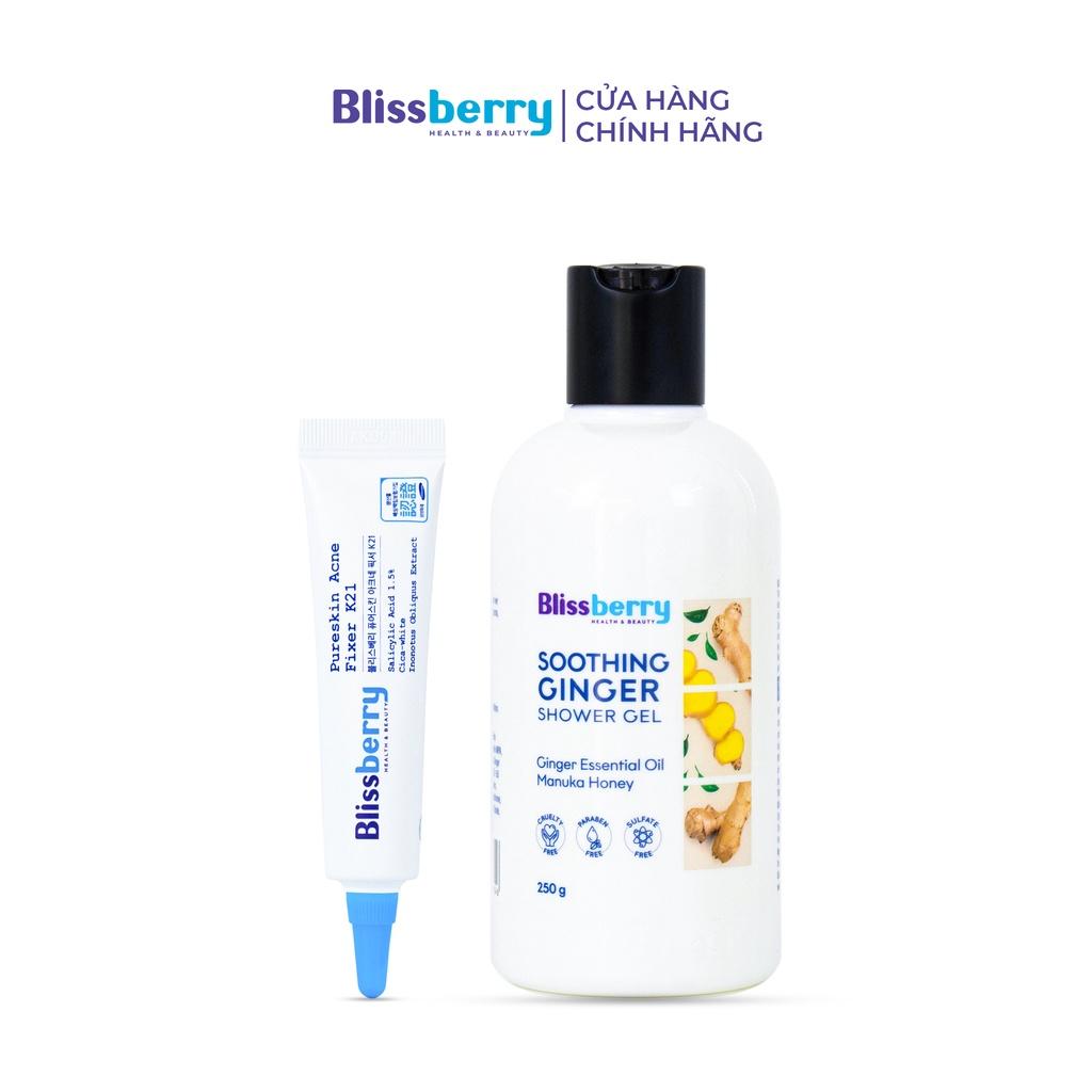 Bộ sản phẩm giảm mụn vùng mặt, ngực và lưng hiệu quả Blissberry (Gel bôi mụn + Sữa tắm hương gừng)