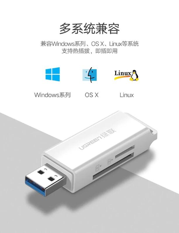 Ugreen UG40753CM104TK Màu Trắng Đầu đọc thẻ nhớ USB 3.0 sang SD TF cao cấp - HÀNG CHÍNH HÃNG