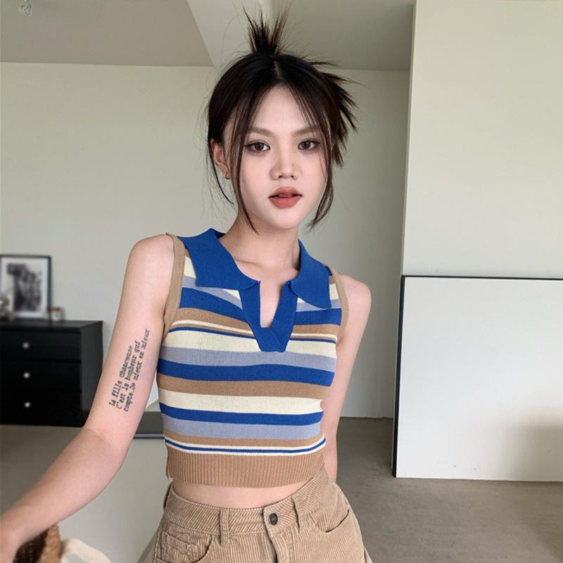 Áo len dệt kim Montoghi 3 LỖ CỔ ĐỨC Quảng Châu sọc ngang dáng ôm croptop cực xinh