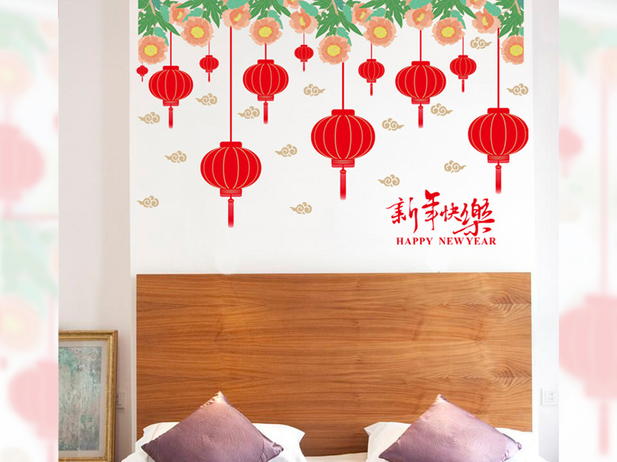 Decal trang trí tết-giàn hoa và dây treo lồng đèn