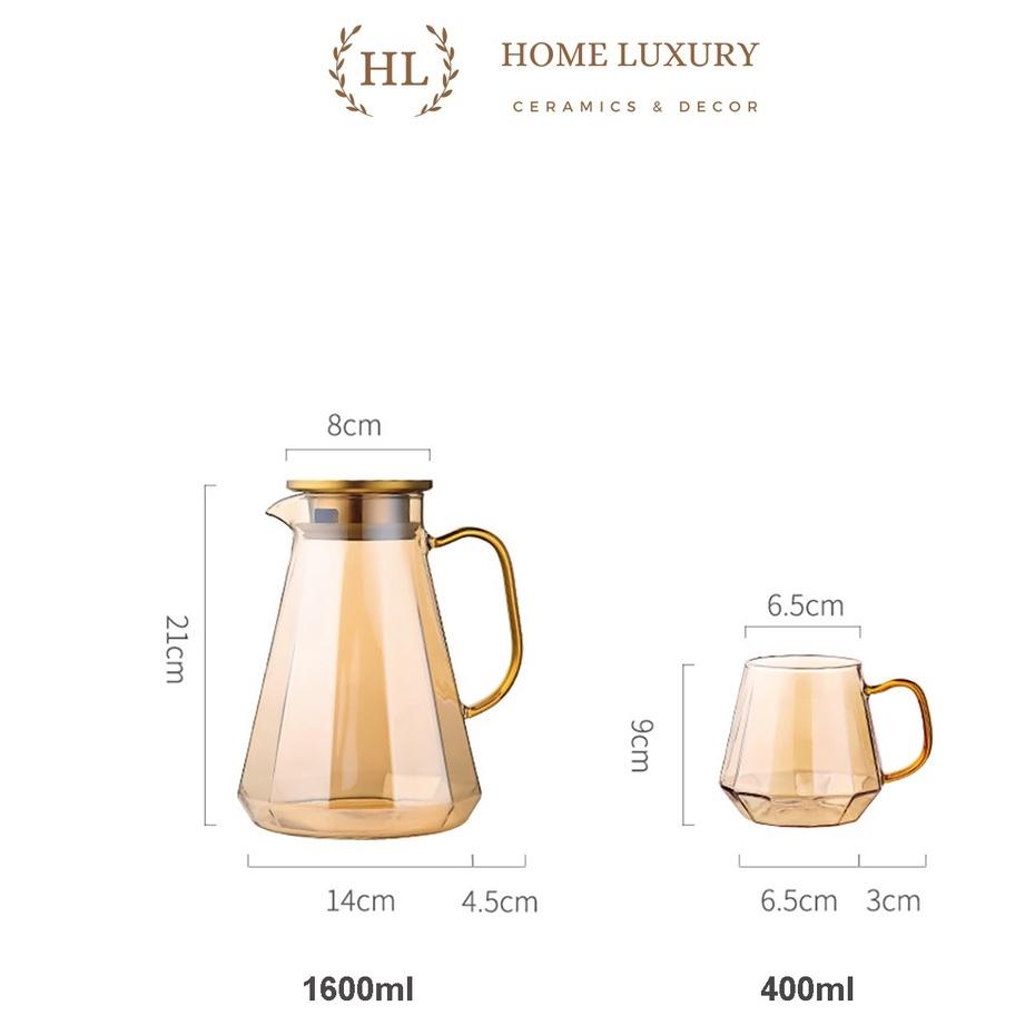 Bình cốc thuỷ tinh phong cách NORDIC THÁP HỔ PHÁCH | SET BÌNH LY THỦY TINH CHỊU NHIỆT BOROSILICATE VÀNG (Mix Lẻ)