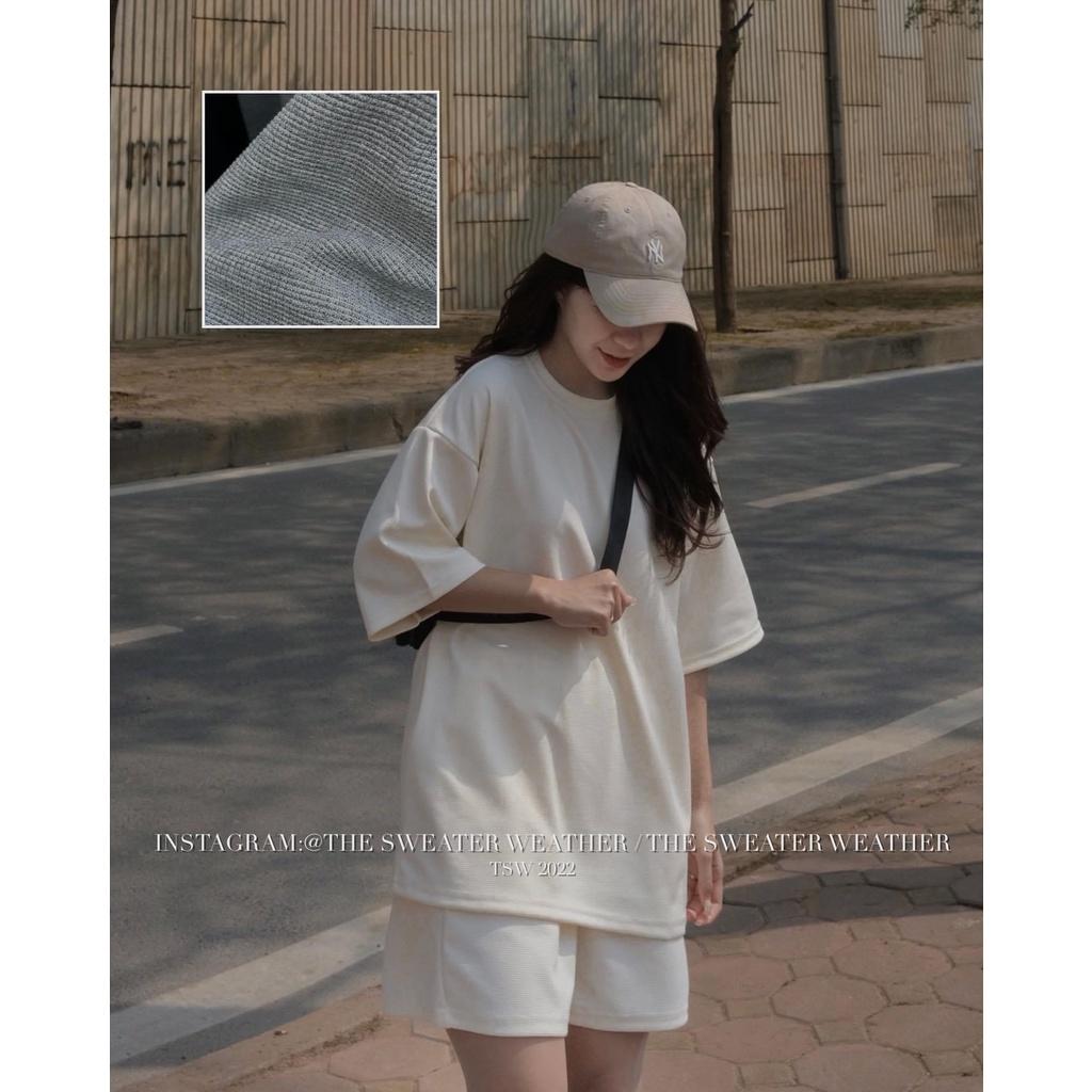 Bộ Quần Đùi Áo Thun Cộc Tay Ulzzang Tổ Ong Dáng Rộng