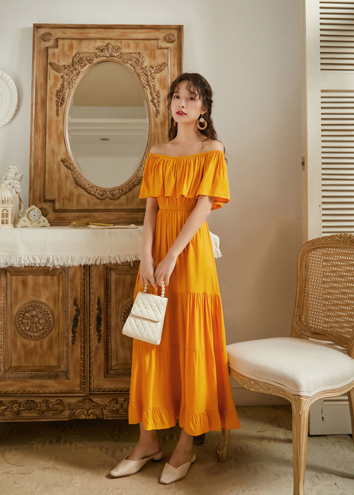 Đầm maxi trần vai tay bèo rộng, chất cotton mềm mại, thoáng mát, dáng dài dễ mặc, bầu bí có thể mặc | MX060