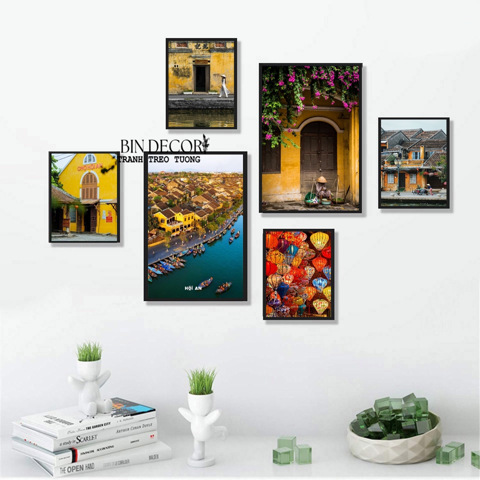 (ẢNH THẬT) Tranh treo tường hội an 6 tranh trang trí decor quán nhà hàng kèm đinh treo