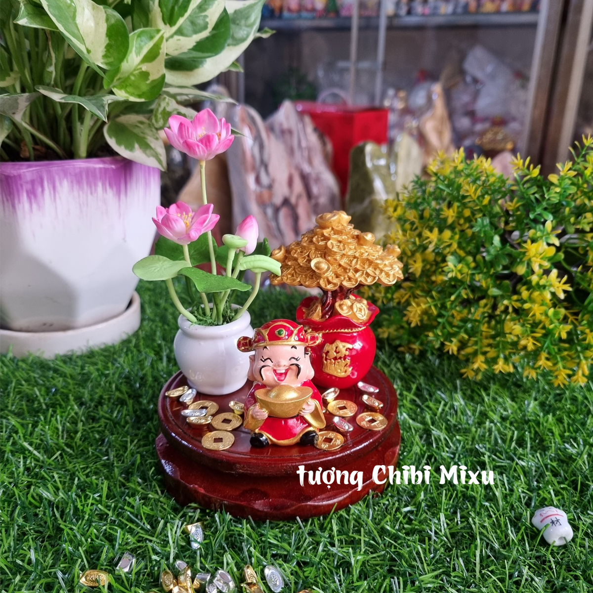 Combo Phú Quý Bình An (Thần Tài 4cm + cây tiền + chậu hoa sen + đế 10cm + 10 thỏi + 10 xu)