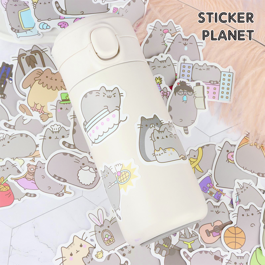 Bộ sticker mèo xám pusheen đáng yêu chống thấm nước trang trí mũ bảo hiểm, đàn, guitar, ukulele, điện thoại laptop