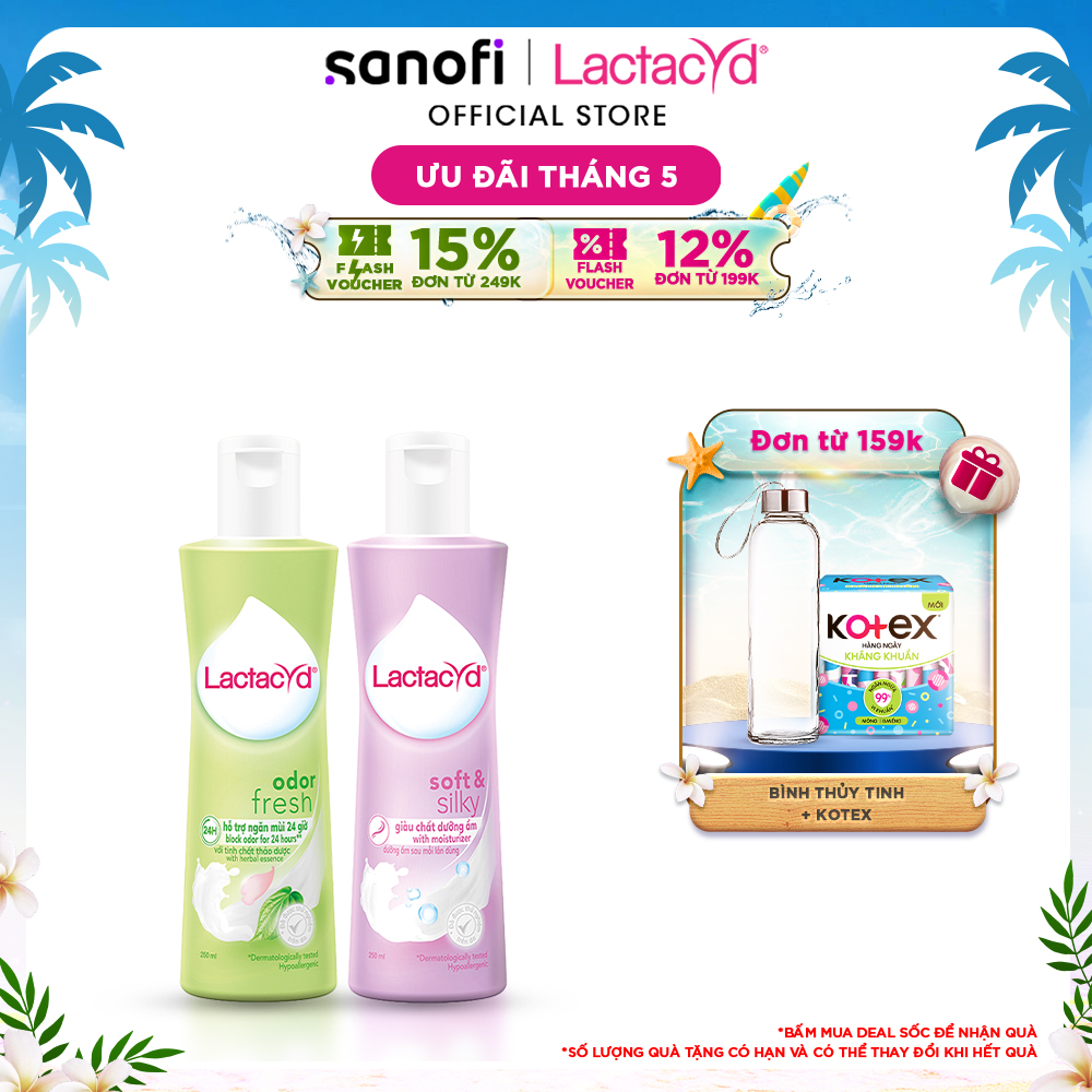 Bộ Dung Dịch Vệ Sinh Phụ Nữ Lactacyd Soft & Silky Dưỡng Ẩm 250ml + Odor Fresh Ngăn Mùi 24H 250ml