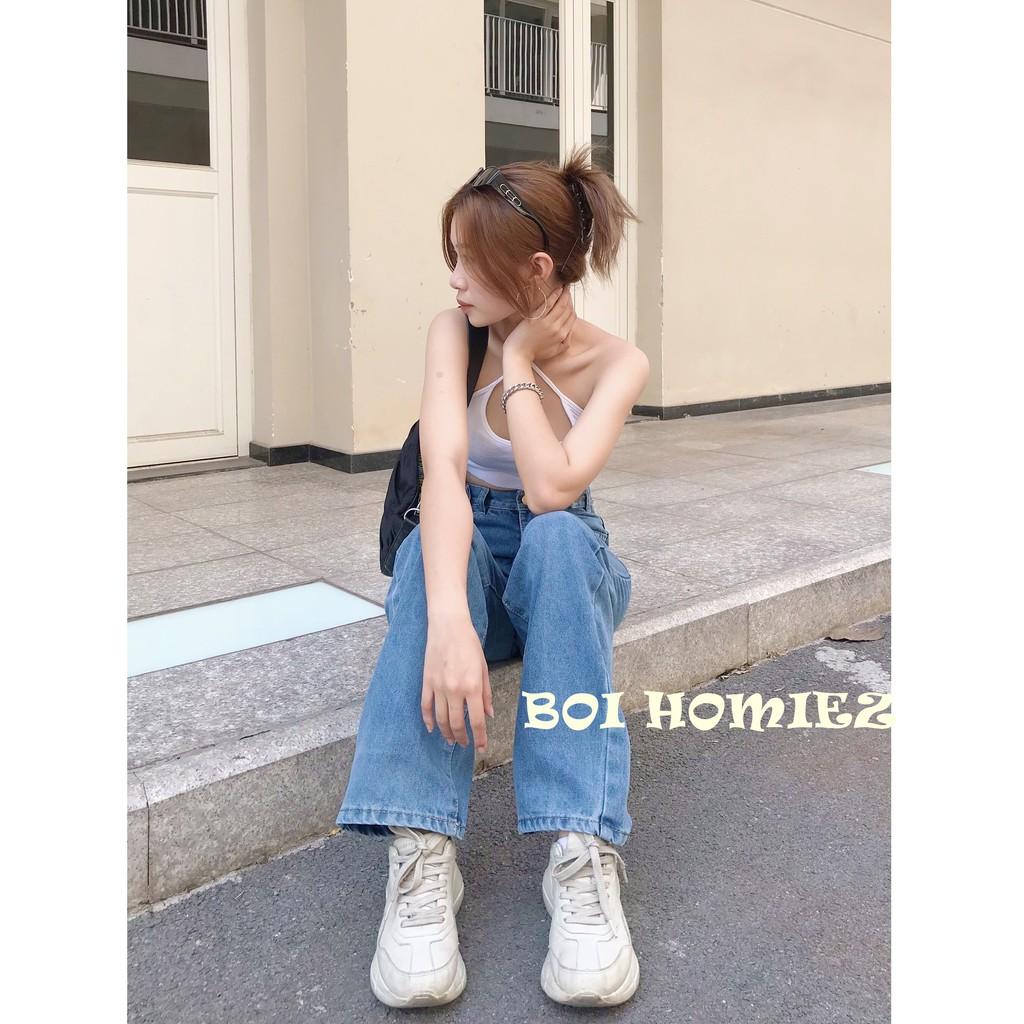 Quần Jeans nữ ống rộng Simple Jeans lưng cao dáng suông cao cấp, unisex ( MÀU ĐẬM )