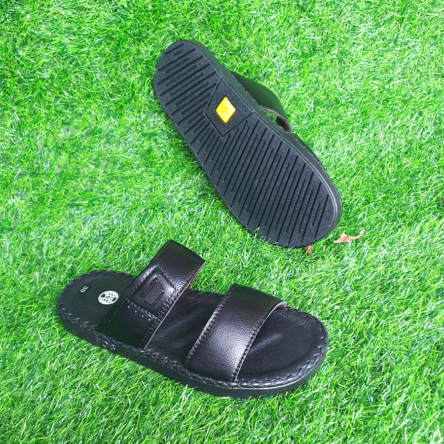 Dép nam đế cao 3cm da bò thật may viền Trường Hải màu đen DN145