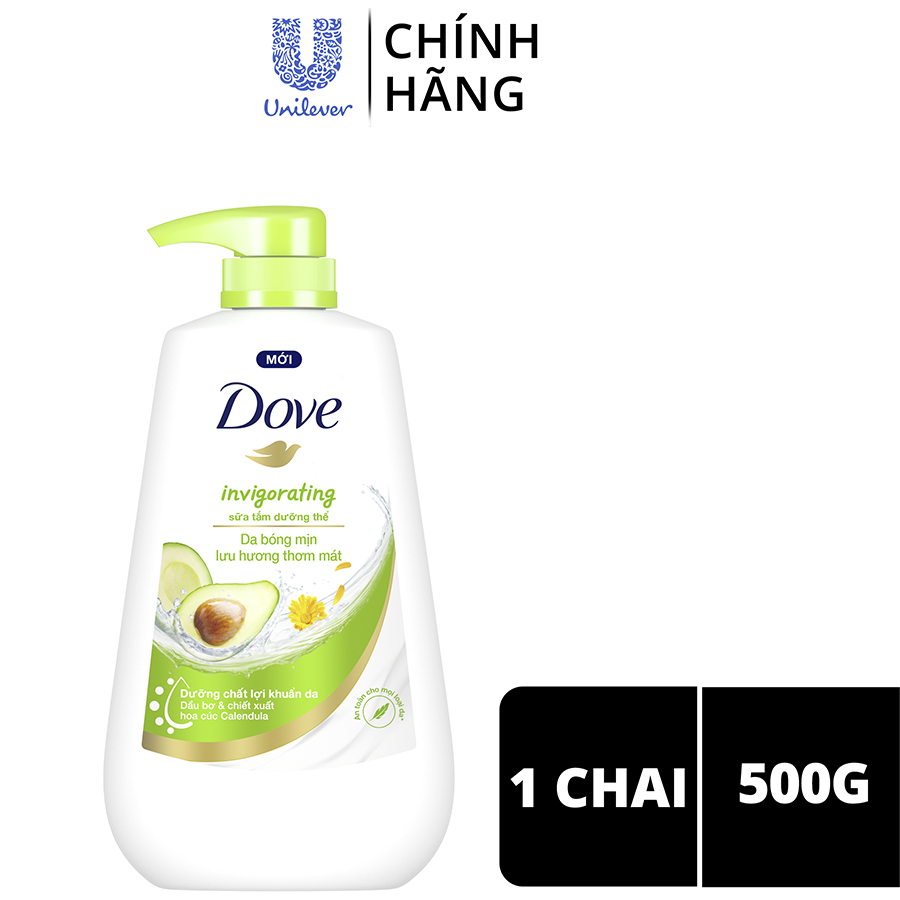 Sữa tắm dưỡng thể Dove Invigorating Da bóng mịn thơm mát với dầu bơ và hoa cúc Calendular 500g