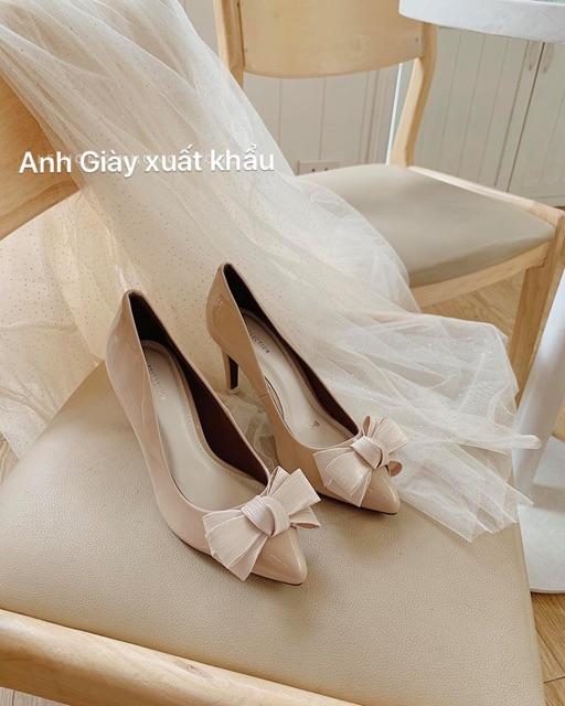 CG53 - Giày cao gót da bóng mũi nhọn nơ ấu 7f VNXK