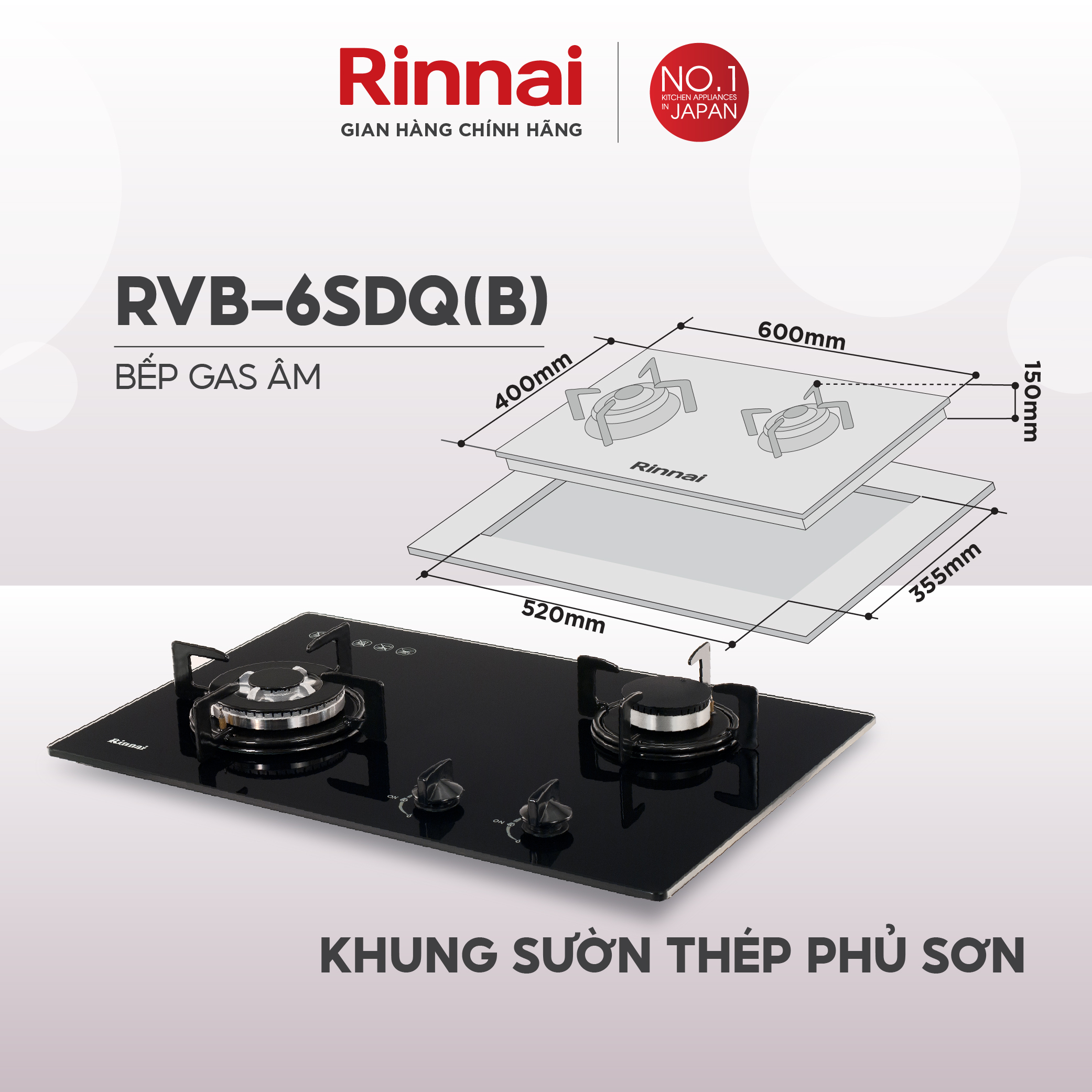 Bếp gas âm Rinnai RVB-6SDQ mặt bếp kính và kiềng bếp men - Hàng chính hãng.