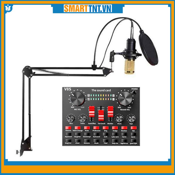 Trọn bộ sound card âm thanh V8S micro thu âm BM900 và phụ kiện kèm dây livestream