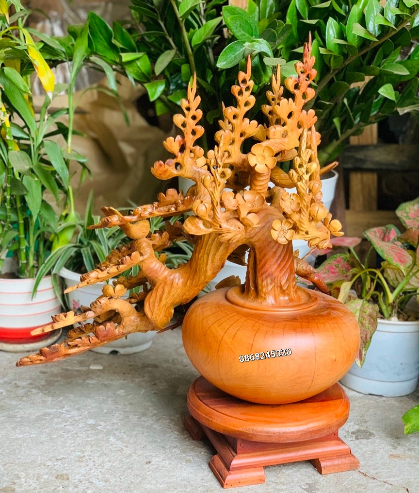 1 bình hoa mai phú quý ,phong thủy cầu tài lộc trang trí phòng khách  bằng gỗ hương kt 62×48×35cm