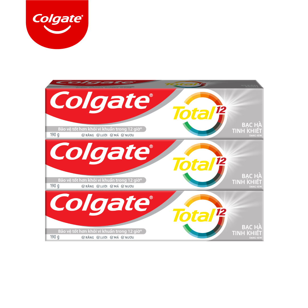 Bộ 3 Kem đánh răng Colgate diệt vi khuẩn Total Clean Mint hương bạc hà bảo vệ toàn diện 12h 190g/tuýp