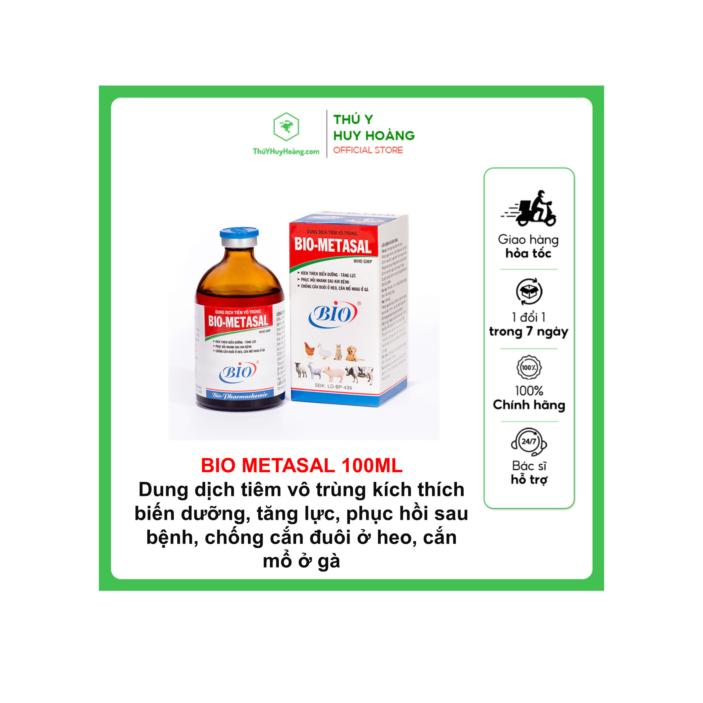 Dung dịch tiêm vô trùng BIO METASAL kích thích biến dưỡng, tăng lực, phục hồi nhanh sau bệnh, chống cắn đuôi ở heo, cắn mổ ở gia cầm