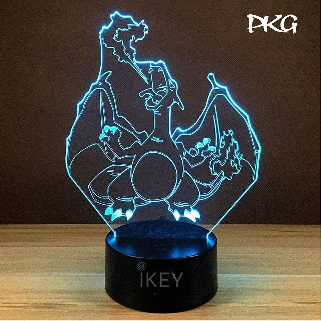 Đèn Ngủ Led 3D Hình Charizard Pokemon Quà Tặng Trang Trí cảm ứng có Điều khiển từ xa nháy sáng 16 màu