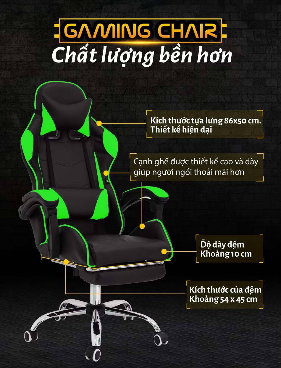 Ghế gaming  cao cấp chân xoay nghiêng ngả 360 độ, ngã 135 độ, có gác chân dành cho game thủ Mẫu E02 màu xanh lá  (Hàng nhập khẩu)