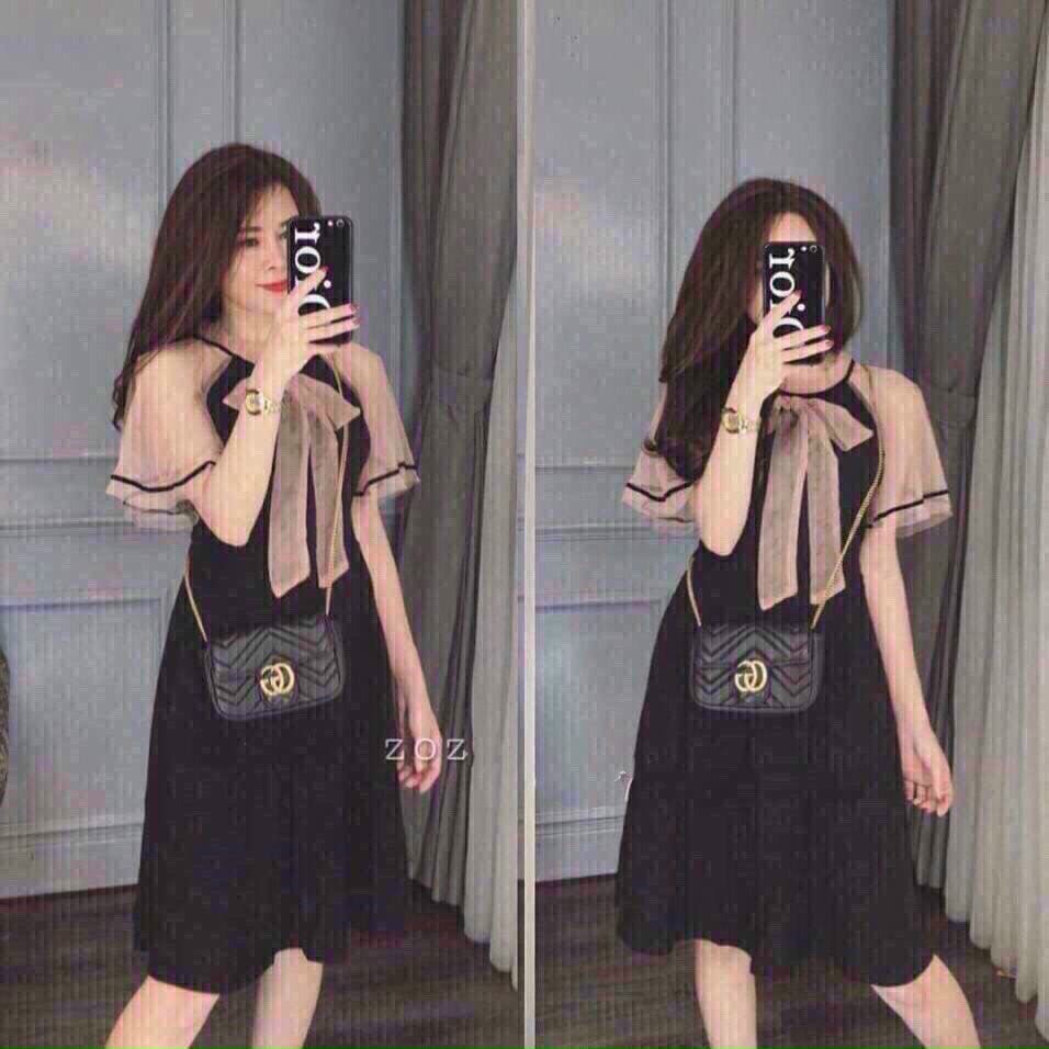 Đầm phối lưới kết nơ tay ngắn