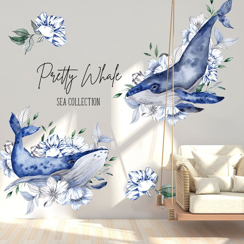 Decal dán tường cá voi xanh – thế giới đại dương phong phú