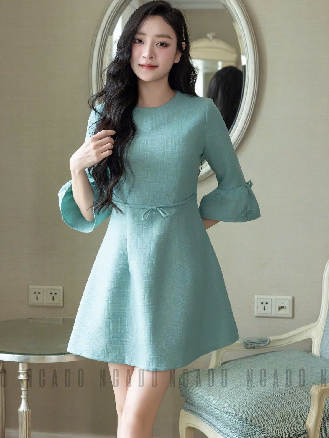 Đầm xanh mint tay chuông NGADO , đầm kiểu Nữ , đầm công sở , dự tiệc