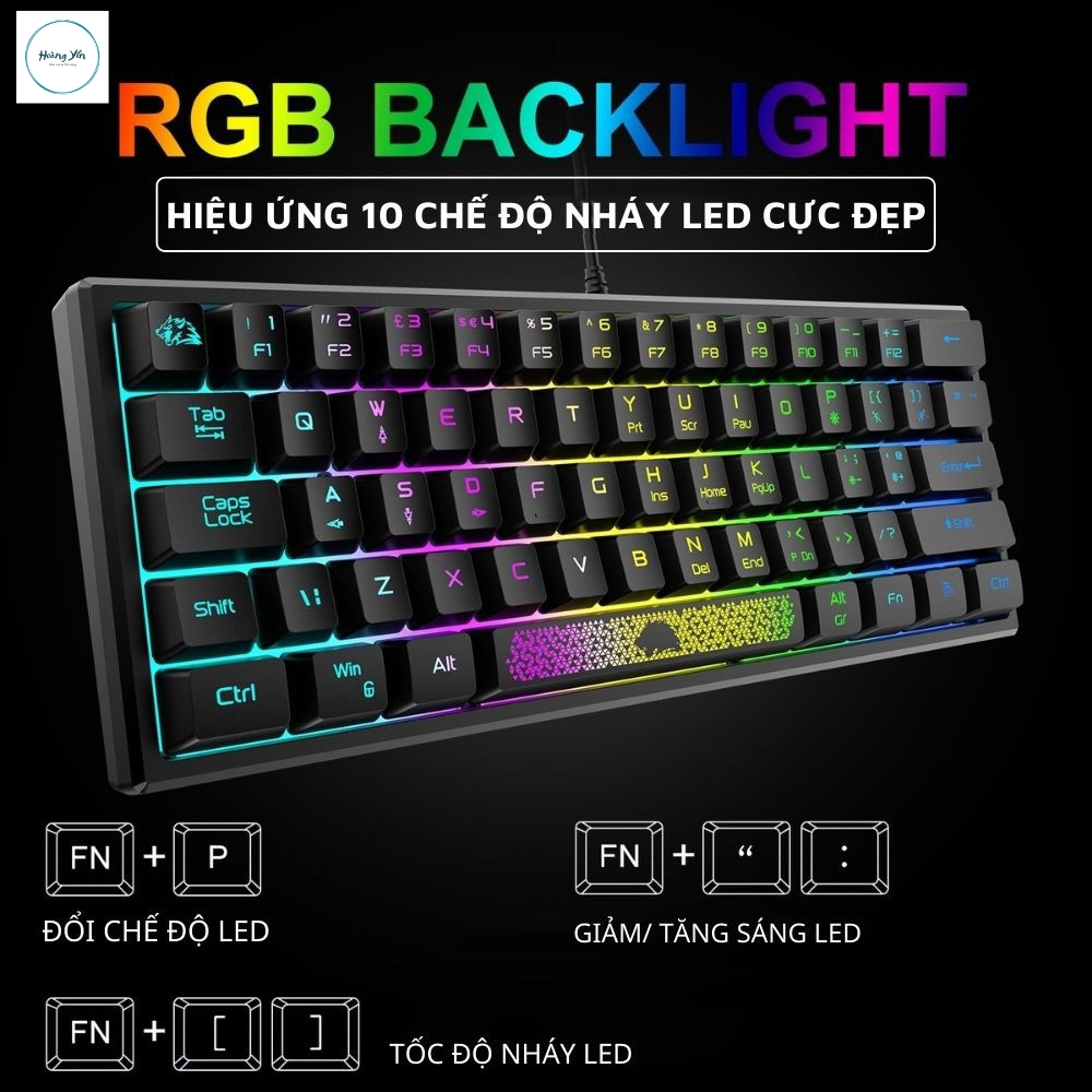 Bàn Phím Mini K61 LED RGB 10 Chế Độ Rainbow Cực Đẹp, Phím Bấm Êm, Thiết Kế Nhỏ Gọn, Dùng Cho Máy Tính, Laptop,PC