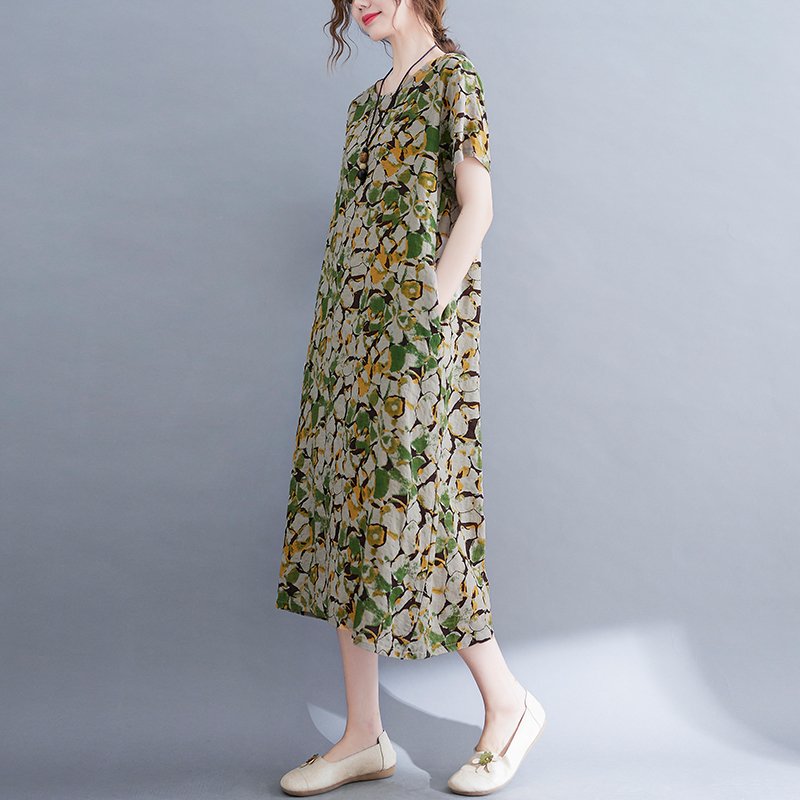 Đầm Linen nữ dáng suông hoa nhí thiết kế cơ bản cổ tròn ngắn tay, chất liệu linen mềm mát Đũi Việt