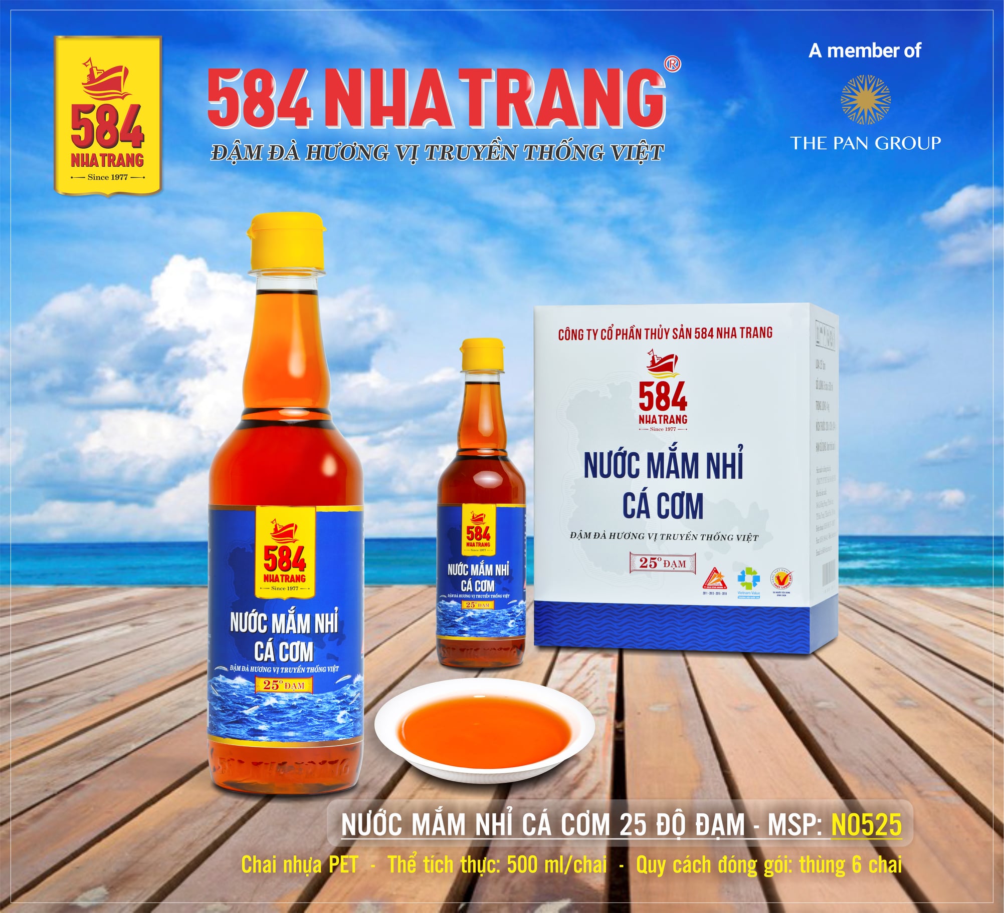 Thùng 6 chai Nước mắm 584 Nha Trang 25 đạm, Chai PET 500ml, Date mới nhất