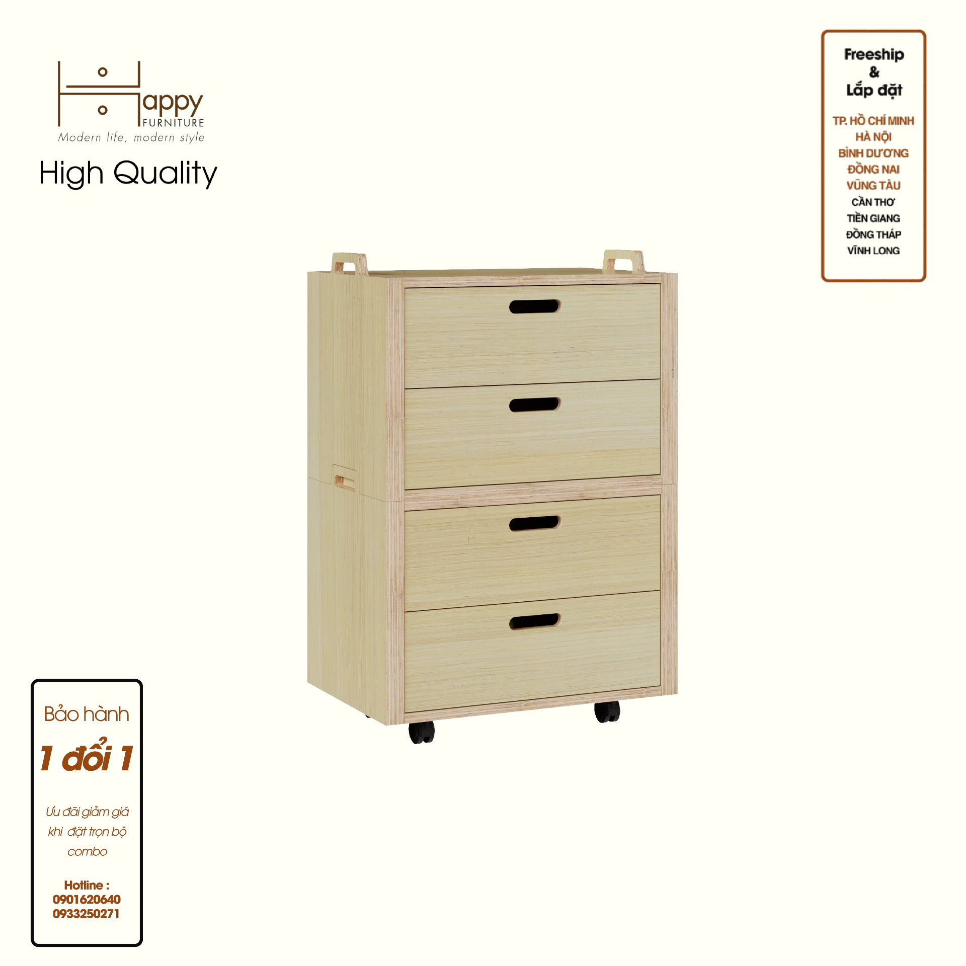HAPPY FURNITURE , Gỗ tự nhiên , Tủ lưu trữ 4 ngăn kéo gỗ Plywood - GAMOR , THK_204 , 60cm x 40cm x 90cm DxRxC