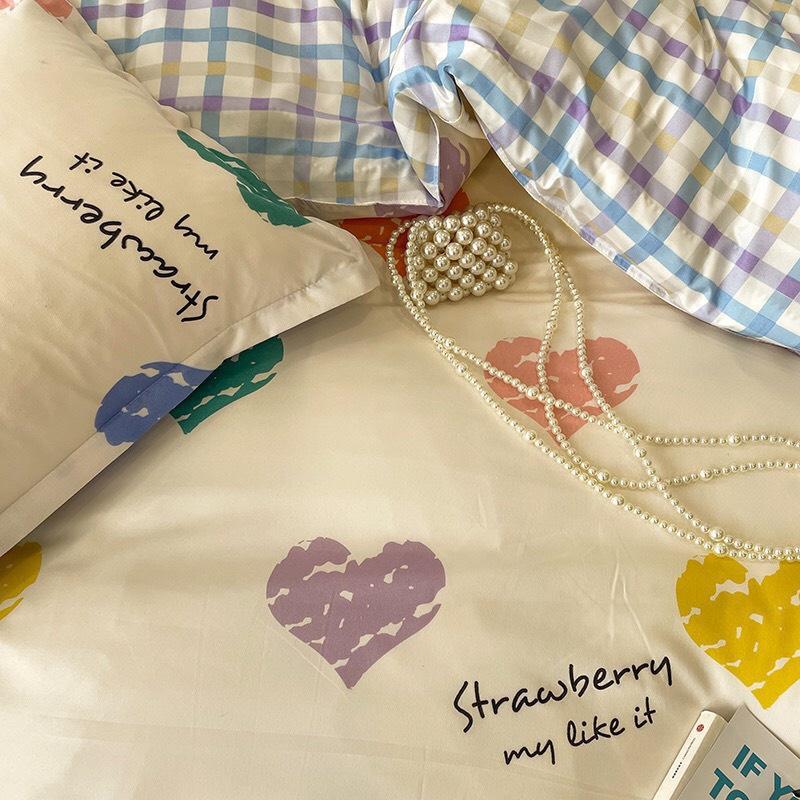 Bộ chăn ga gối cotton poly - Mẫu tim kẻ xanh.