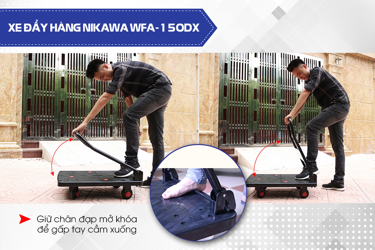 Xe Đẩy Hàng 4 Bánh Sàn Nhựa Không Võng Gấp Gọn Nikawa WFA-150DX Chống Ồn, tải trọng 150kg