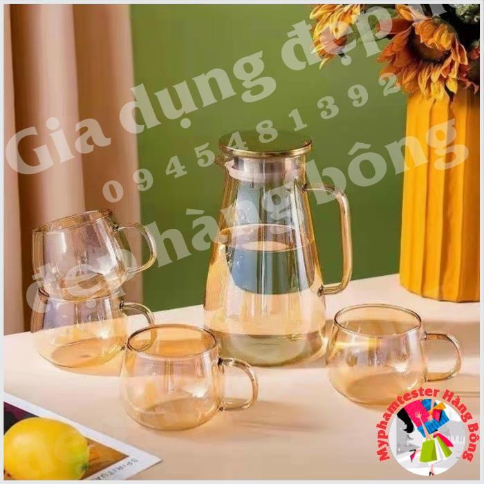 Bộ bình và cốc trứng thủy tinh chịu nhiệt vàng hổ phách