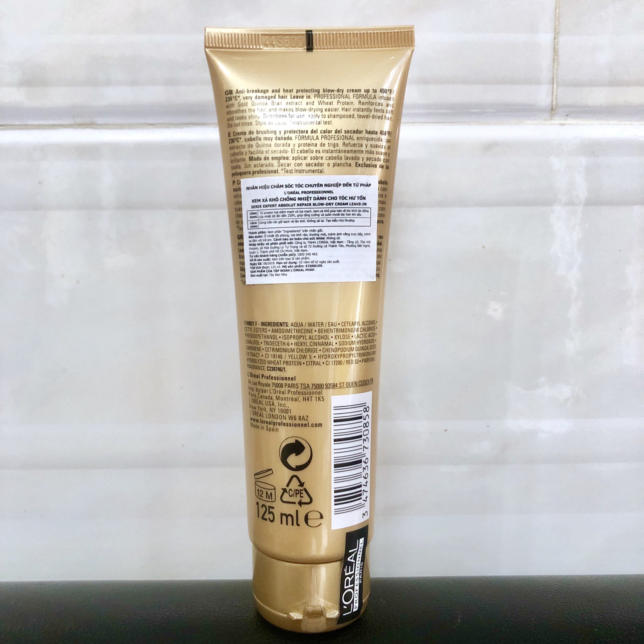 Kem dưỡng xả khô chống nhiệt L'oreal Absolut Repair Gold Quinoa + Protein Blow-dry Cream Leave-in (lên tới 230oC) Pháp 125ml