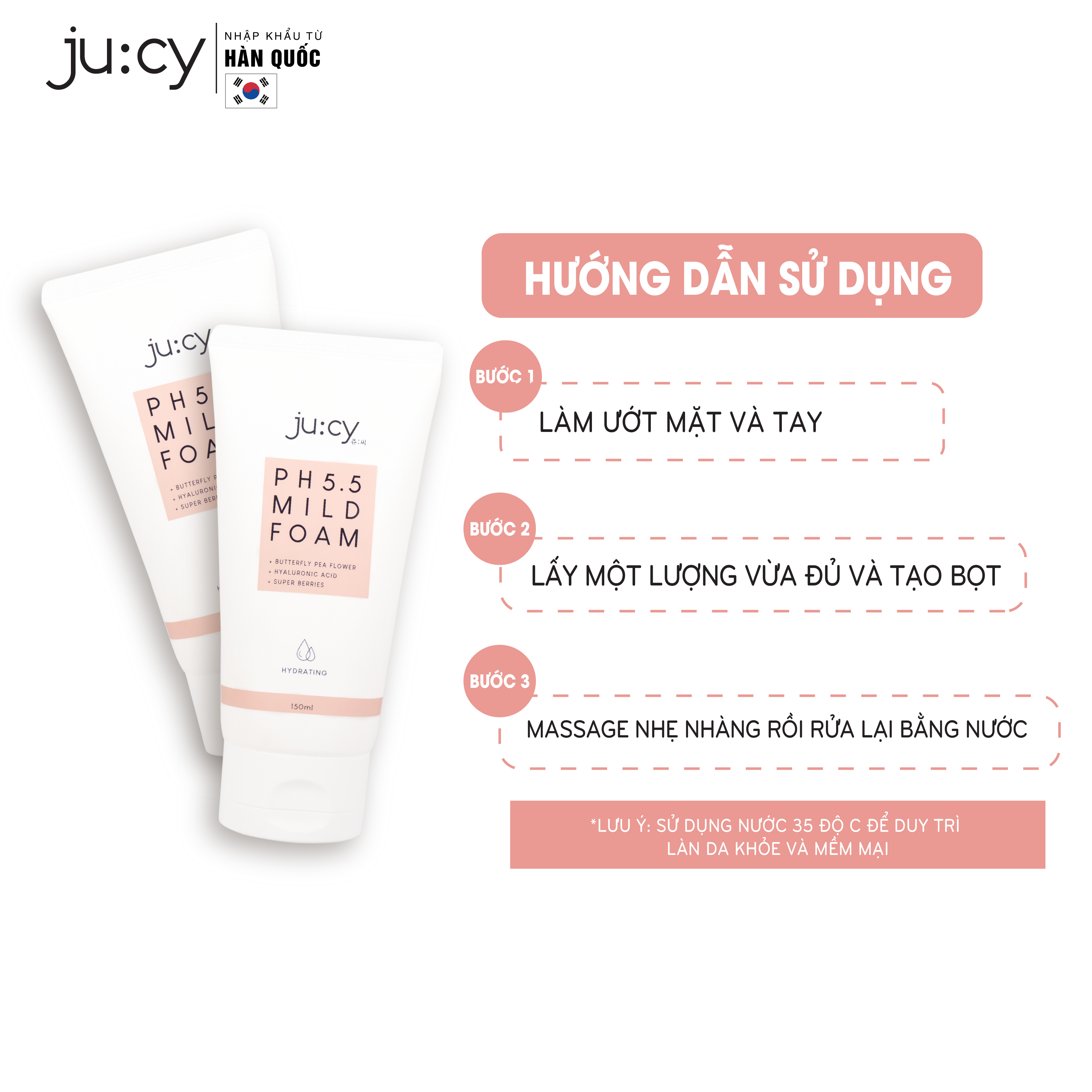 Sữa rửa mặt cấp ẩm và dưỡng trắng chuyên sâu Hàn Quốc JU:CY PH5.5 MILD FOAM 150ml