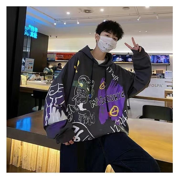 Áo Hoodie Nam Nữ Tay Dài Mũ Nón Dáng Rộng In Hình Cá Tính Phong Cách Thu Đông